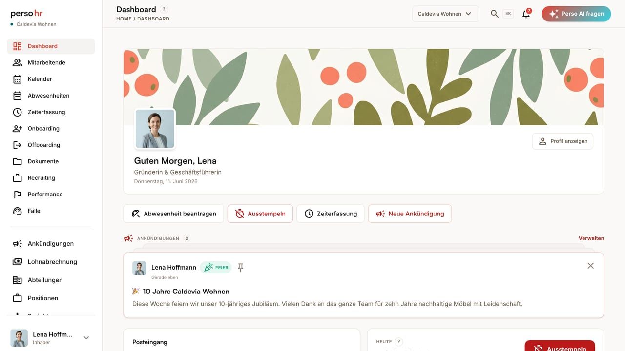 PersoHR-Dashboard zeigt heutige Abwesenheiten, Onboarding-Aufgaben und Ankündigungen