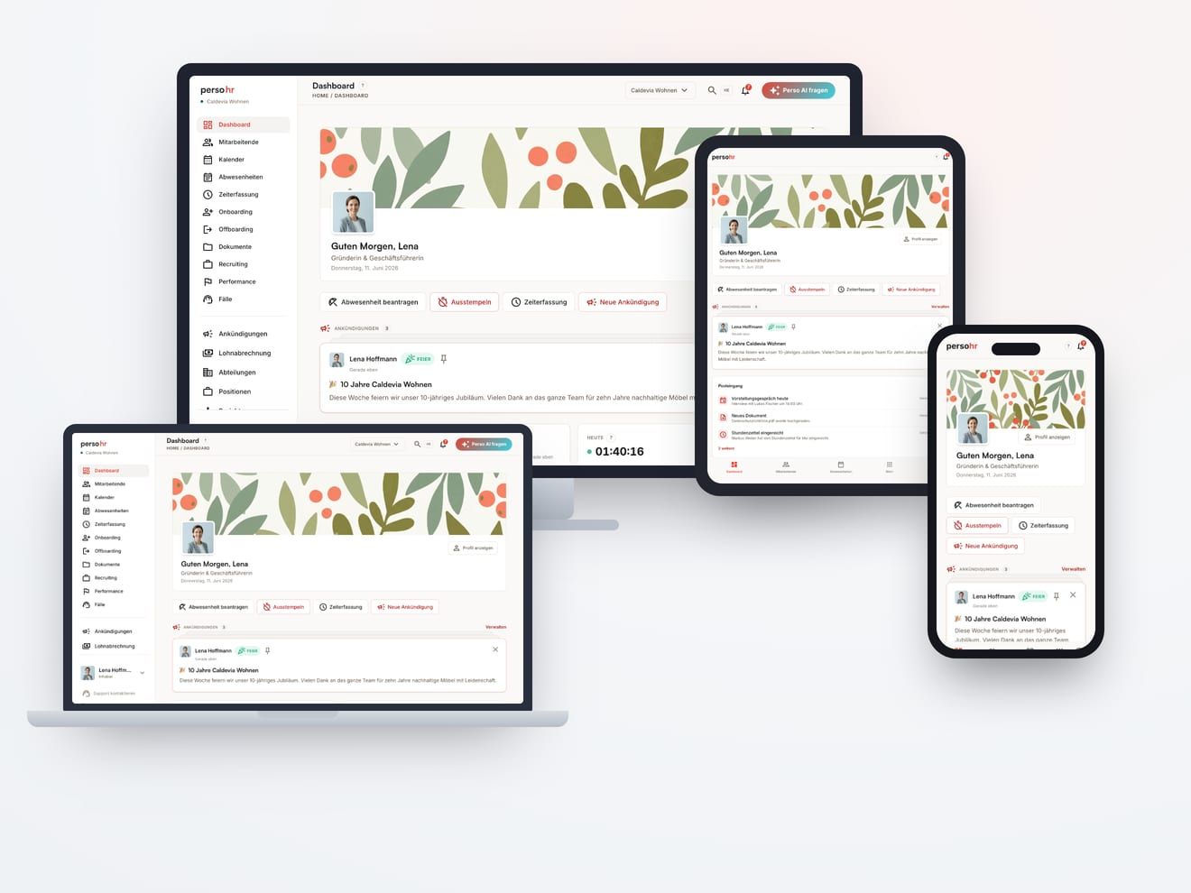 Das PersoHR-Dashboard mit heutigen Abwesenheiten, Onboarding-Aufgaben und Perso AI