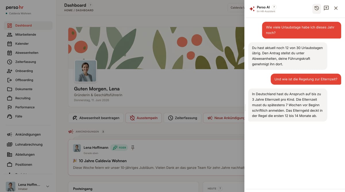 Perso AI Chat-Assistent beantwortet HR-Fragen in PersoHR