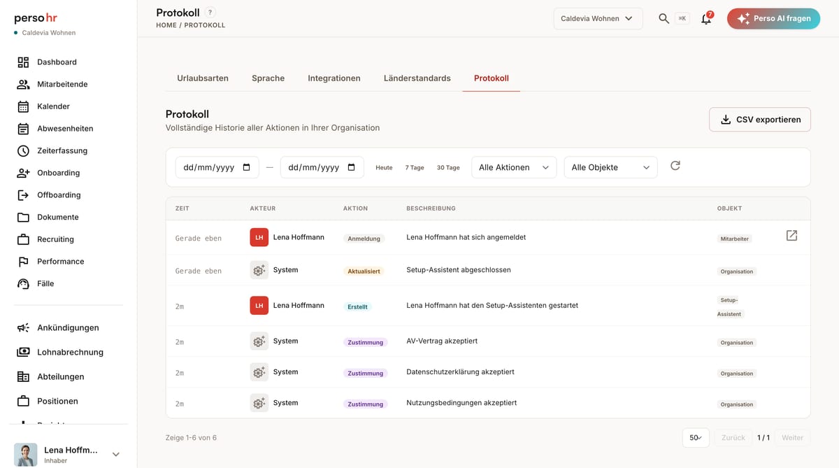 DSGVO-Audit-Protokoll und Datenexport in PersoHR