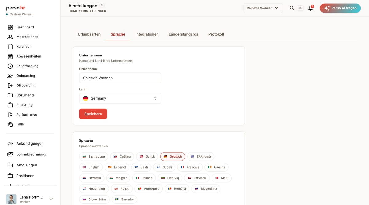 Sprachauswahl mit 24 EU-Sprachen in PersoHR