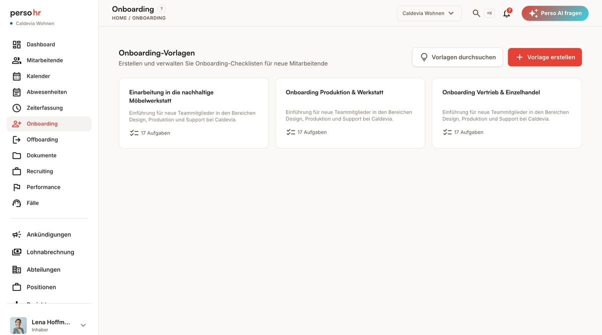 Onboarding-Checkliste und Aufgabenfortschritt in PersoHR